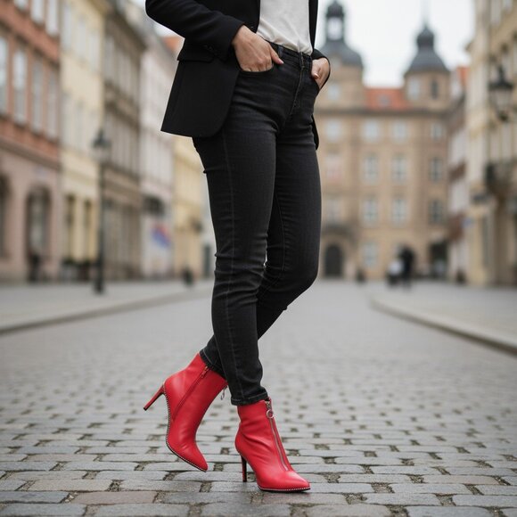 Bar III Brigetp Red Ankle Boots With Studded Trim & Zipper Closure-8M - Picture 3 of 10